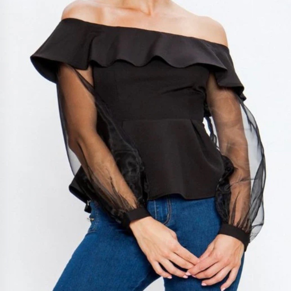 Love Letter Collection Off Shoulder‎ Mesh Sleeve Peplum Top, Womens M Black